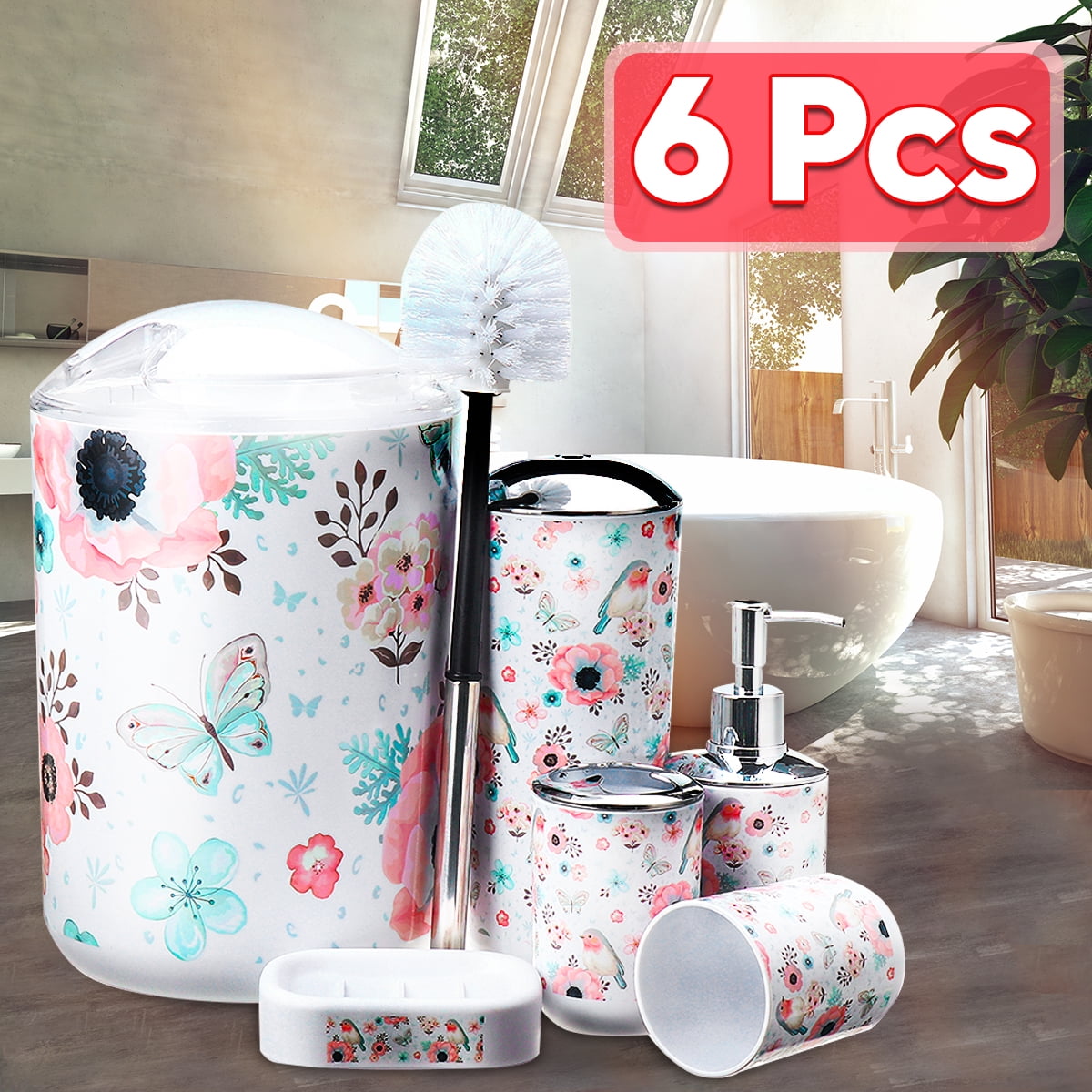 Soap Dish 3328 Style-Beige Toilet Brush Trash Can Housewarming Gift Set Toothbrush Holder Soap Dispenser 6 Pcs Bathroom Accessories Set Toothbrush Cup