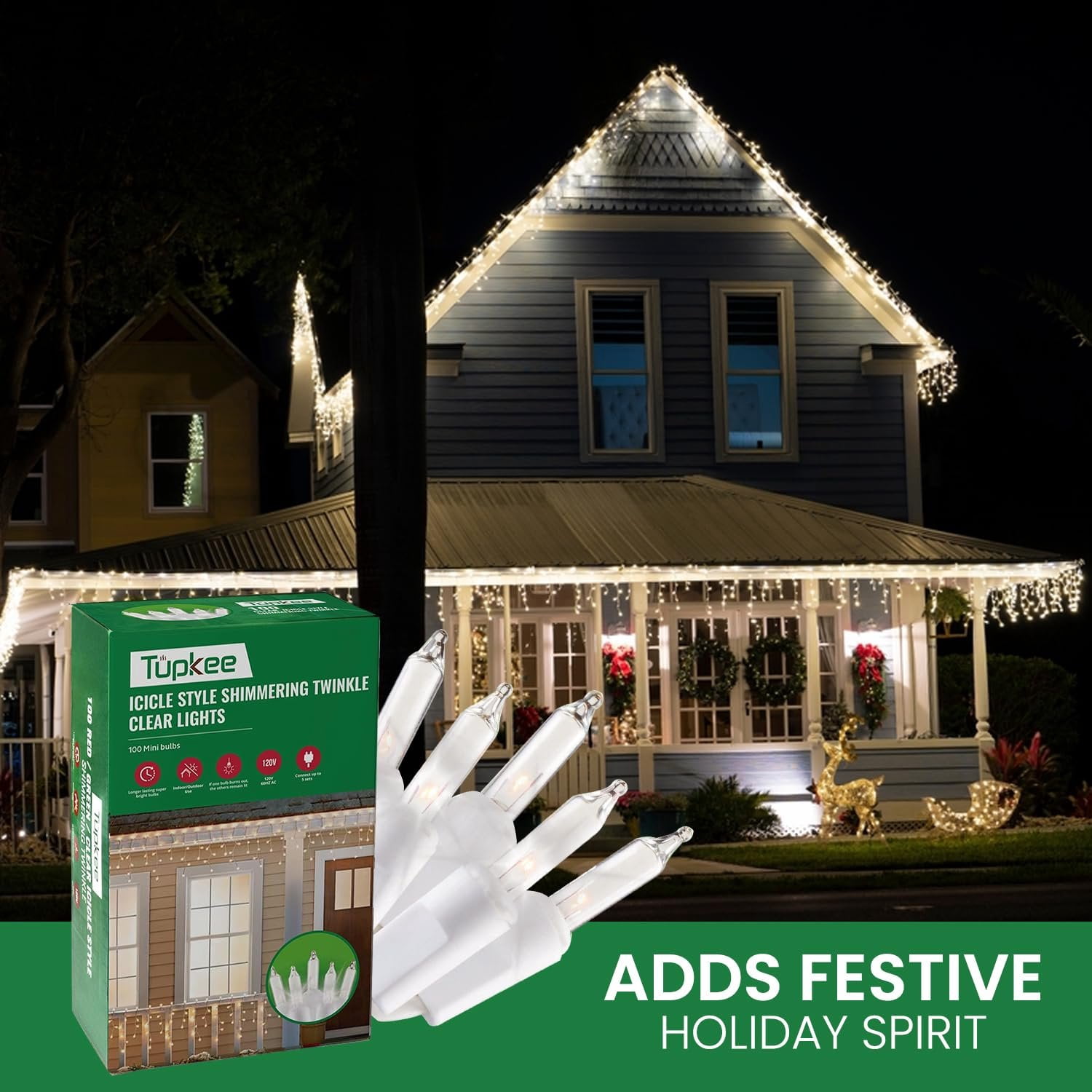 Tupkee Christmas Twinkle Icicle Lights - 12 of 100 Bulbs Twinkle - 5.5 Feet Light String - 100 LED Warm-White Bulbs - Indoor Outdoor - Random Shimmering Twinkling Sparkling Christmas Icicle Lights