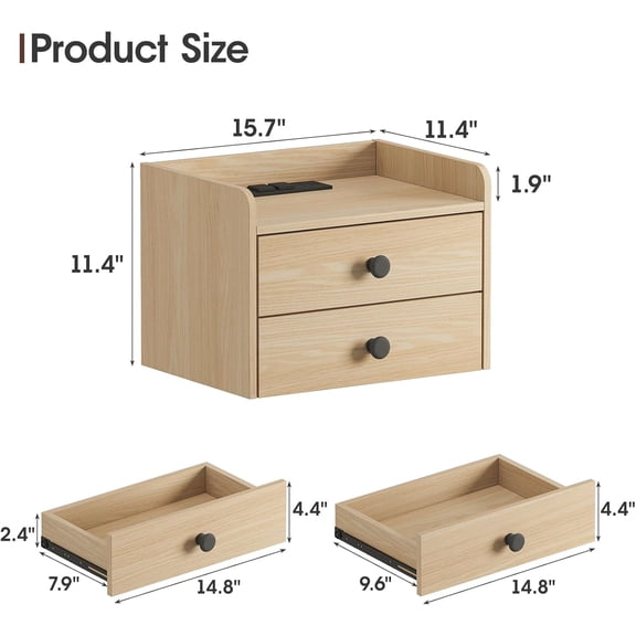 Floating Nightstand Set of 2 with Charging Station and 2 Drawers, Wall Mounted Bedside Table for Bedroom Small Space Natural
