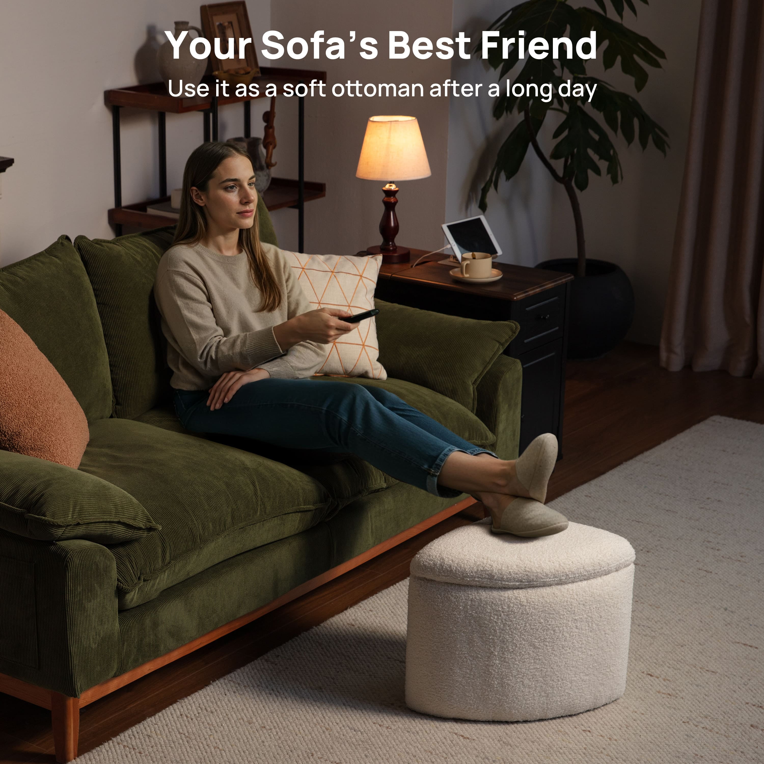 CHIC HOUSE Round Coffee Table for Living Room Table, Small Coffee Table with 4 Storage Stools Underneath, Mid-Century Wood Coffee Table Set with Teddy Velvet Storage Ottoman, Oak & White