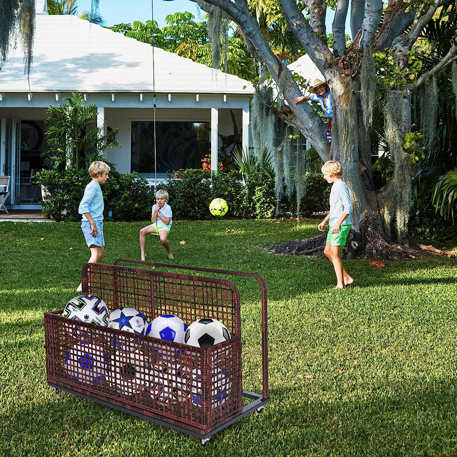 AOILE Poolside Storage with Rolling Wheels, PE & Iron Outdoor Storage Toy Rack for Poolsides, Patios, Gardens, Waterproof, Weather Resistant and Easy Mobility, Brown