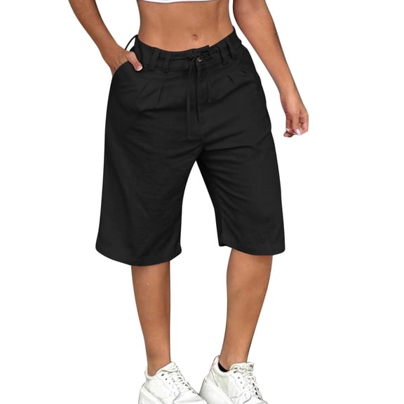 Gamivast Short Pants For Women Knee Length Dstring Elastic Waist Summer Pants Pockets Pleated Casual Pants Solid Loose Fit Bermuda Style Daily Outfit