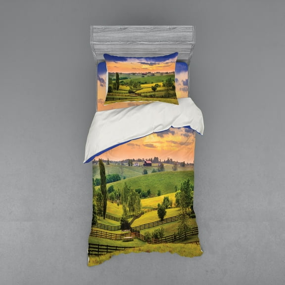 Ambesonne Landscape Bedding Set 3 Pcs, Surreal Countryside, Twin XL, Green Blue Orange