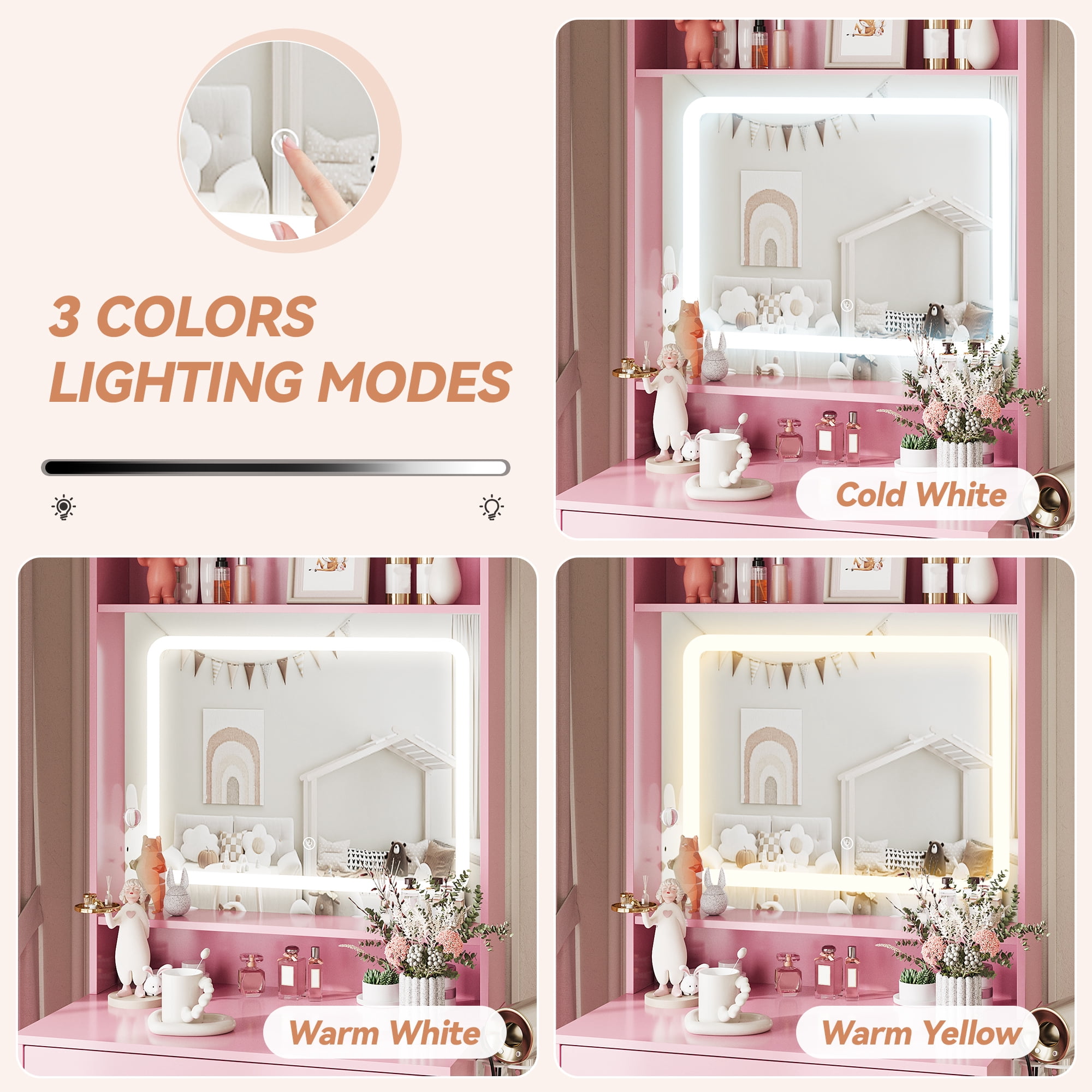 VEANERWOOD Pink Vanity Desk Set for Small Spaces, 23.62” Small Makeup Vanity Table with Rolling Stool, Lighting Mirror & Charging Station for Girls