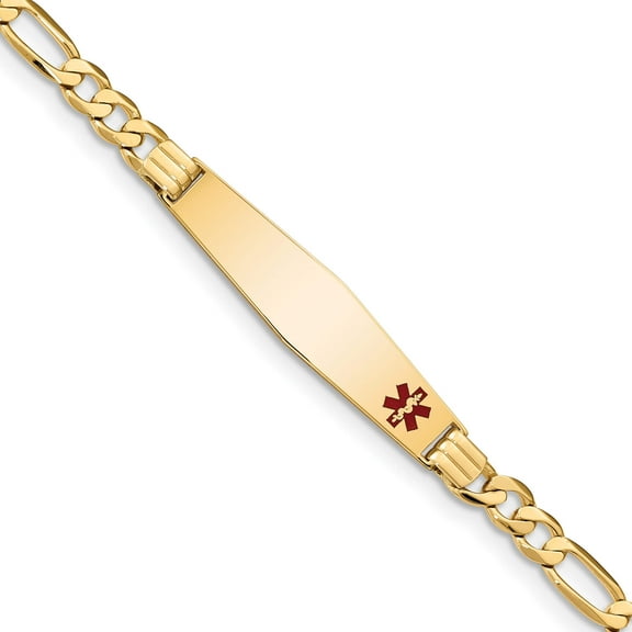 14K Yellow Gold Medical Soft Diamond Shape Red Enamel Flat Figaro Link Id Bracelet (7 X 9) Made In United States xm566fc-7