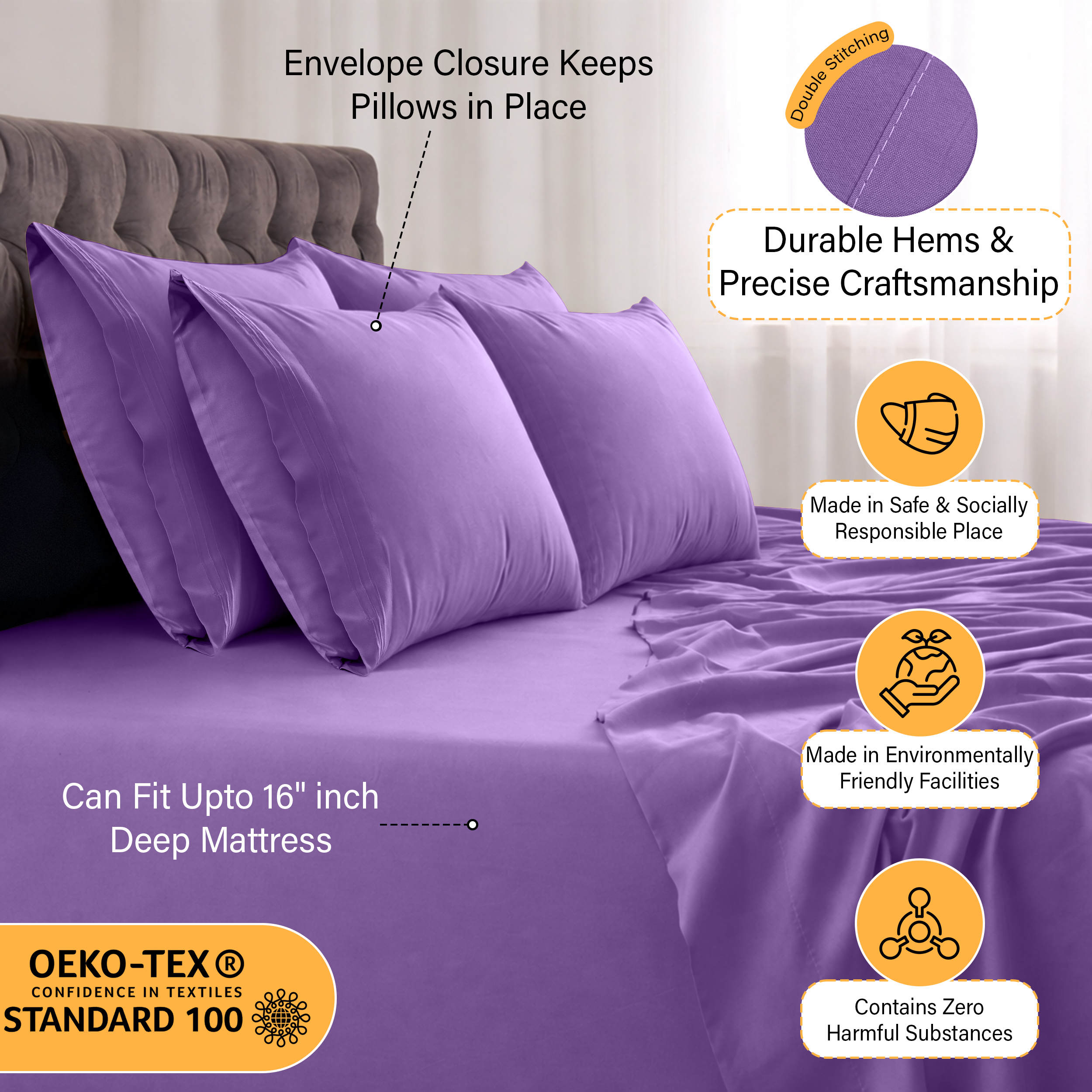 Lux Decor Collection Queen Sheets Set, 6-Piece, Purple photo 4