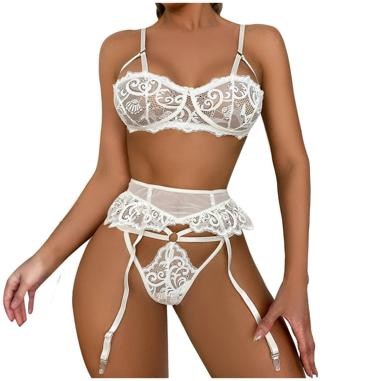 Ladies Fashion Sexy Cute Lingerie Hollow Lace Flowers Ruffles Sexy Underwear  Thong Garter Belt Suit 