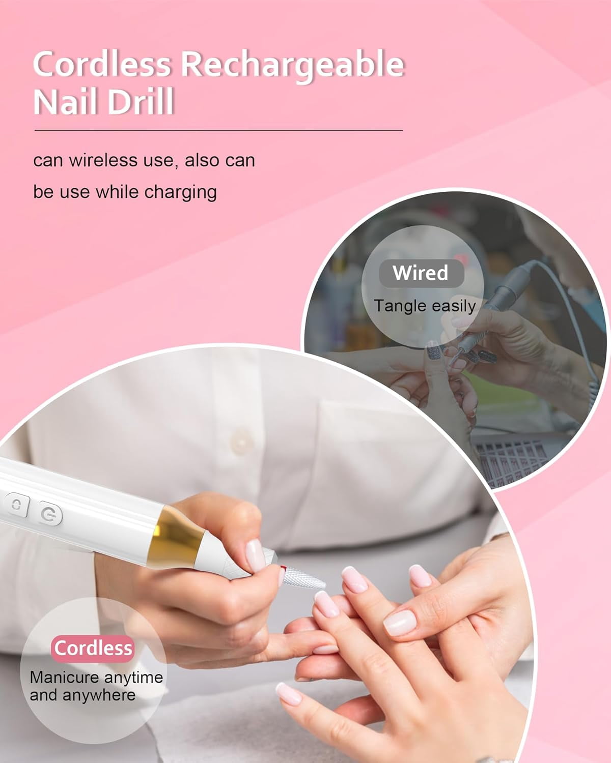 Professional Nail Drill for Acrylic Nails Gel, Protable Electric Cordless Nail Files Efile Manicure Kit Rechargeable for Acrylic Polish Women