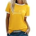 thumbnail image 3 of MIXUE Womens Summer Tops Letter Print Round Neck Short Sleeve Fashion Casual Shirts For Women Tshirts Holiday Wear,Yellow,S, 3 of 8