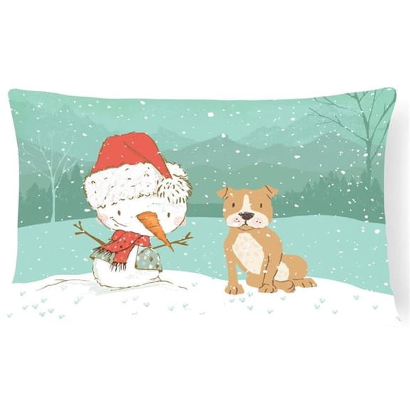 Brown Staffie Snowman Christmas Canvas Fabric Decorative Pillow