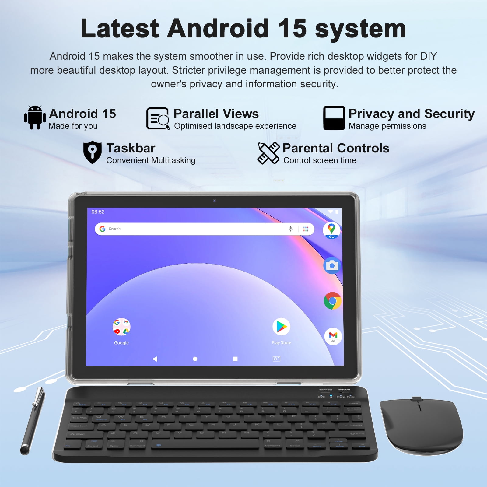 Android 15 Tablet 2 in 1 Tablets 10 Inch Tablet with Keyboard Mouse Case Protective Stylus 10.1" Tab 8GB+64GB Support 1TB Expansion 2MP+8MP Dual Camera 6000mAh Battery Bluetooth WIFI-6, Black