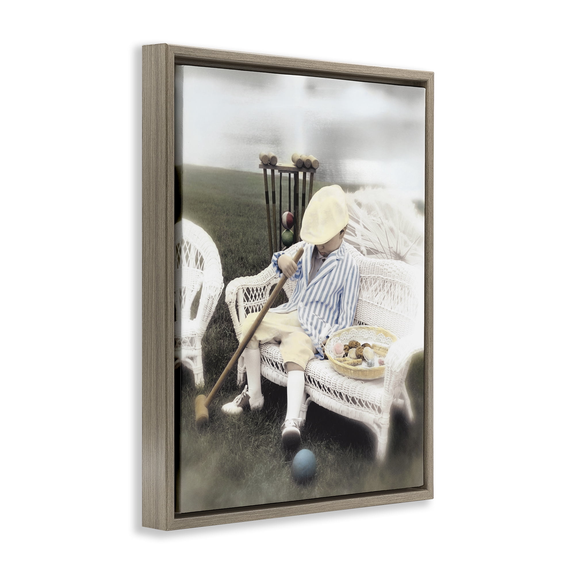 Stupell Industries Child with Croquet Mallet Brown Framed Floater Canvas Wall Art, design by Kendra Dew