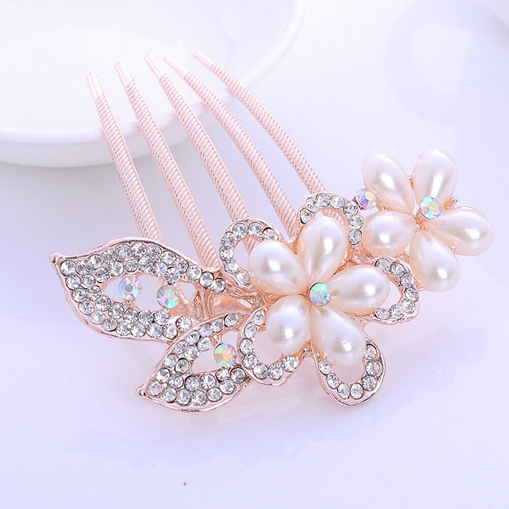6 mariage nuptiale prom crystal diamante pearl flower hair pins clips grips 