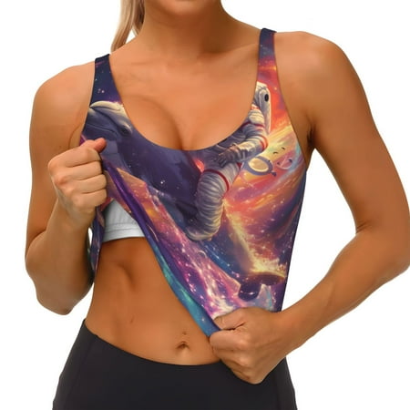Qokaie Astronaut Dolphin Pattern Womens Scoop Neck Sports Bra Breathable Workout Vest Padded U Back Medium Impact Fitness Gym Yoga Bra Workout Crop Top