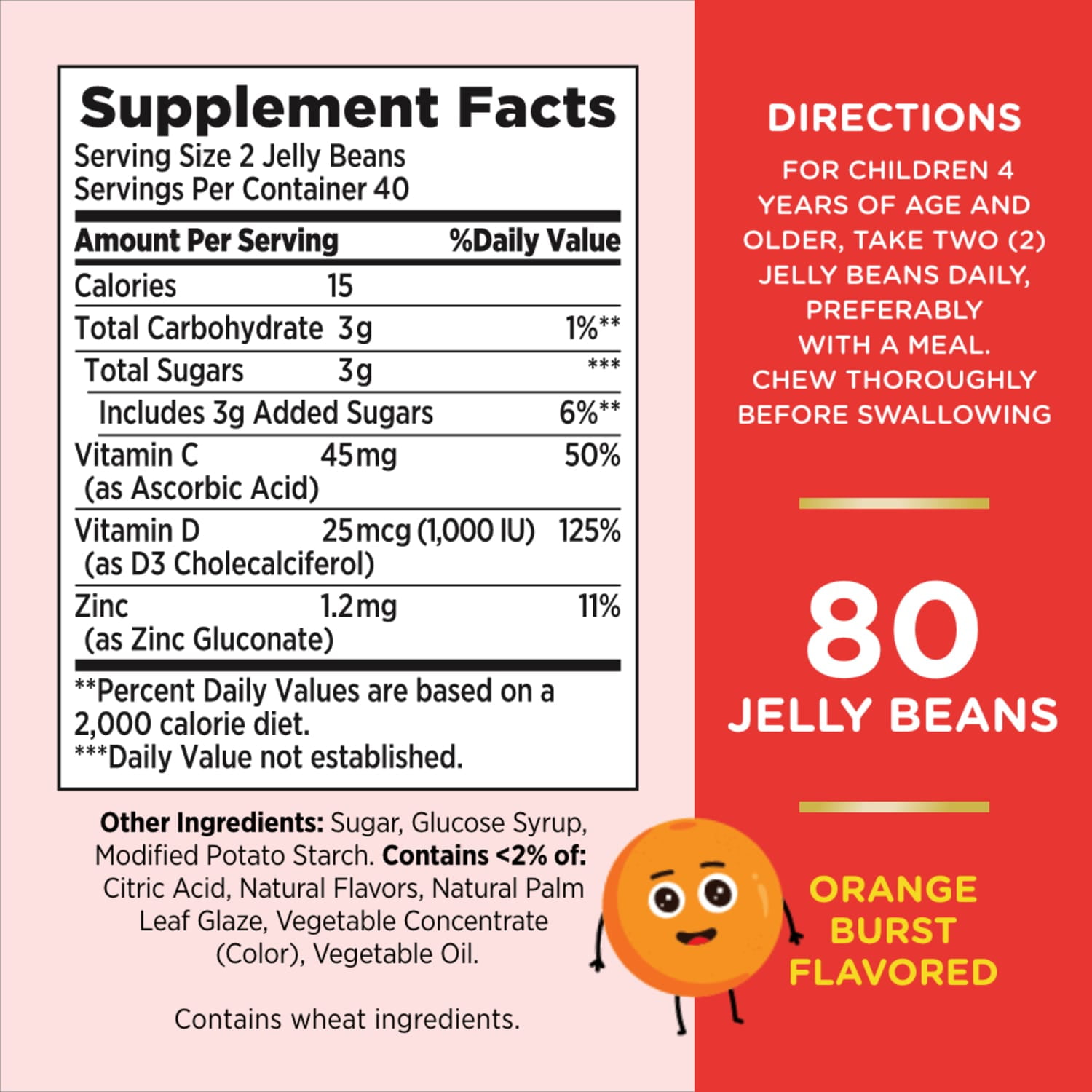 Nature's Bounty Kids Vitamin C, D & Zinc for Immune Support Jelly Beans, Orange Burst, 80 Count