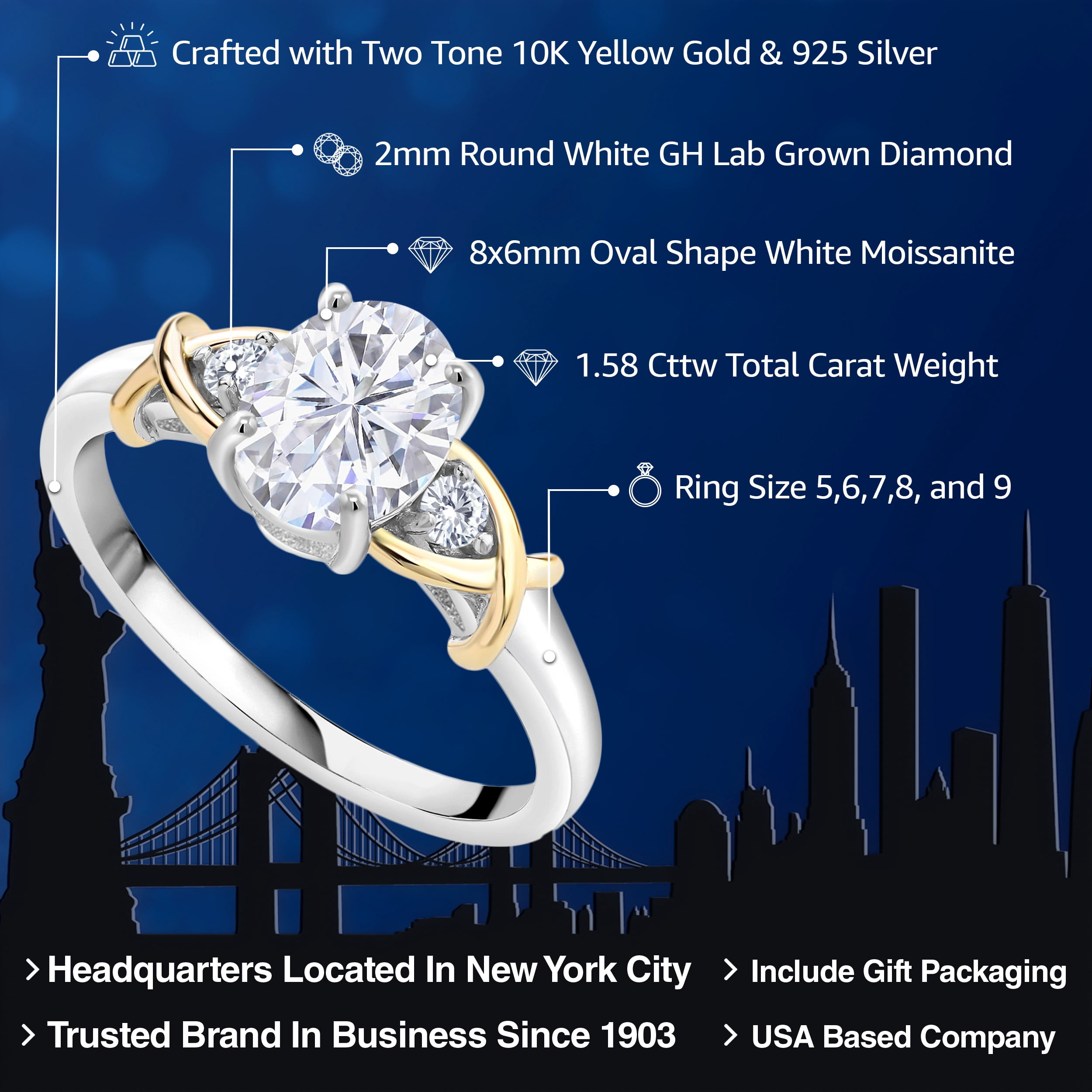 Gem Stone King 2 Tone 10K Yellow Gold and 925 Sterling Silver Moissanite and Lab Grown Diamond Ring | 1.58 Cttw | Available in Size 5, 6, 7, 8, 9