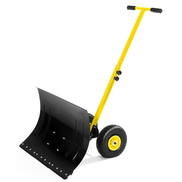 Pelle à Neige Robuste avec Roues, Lame Inclinée à 5 Positions et Poignée Réglable, Pousse-Neige en Acier de 29,1x16,5 Pouces pour Allée, Entrée, Trottoir, Jaune