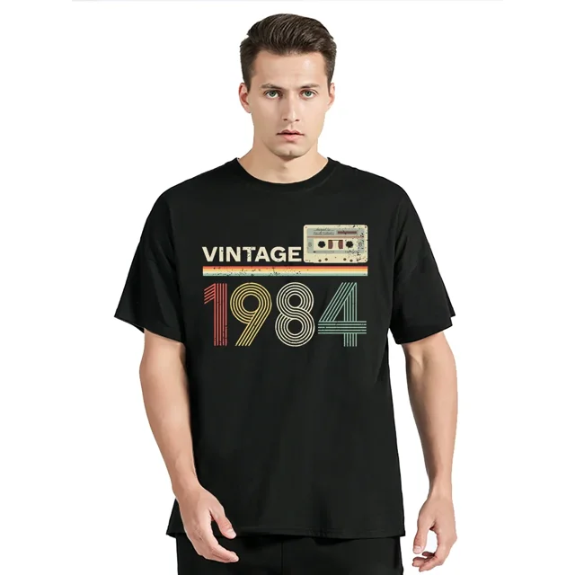 Camiseta de algodón con cuello redondo de cumpleaños vintage de 1984, ropa para hombre, camiseta de gran tamaño, camiseta casual de fitness, tops