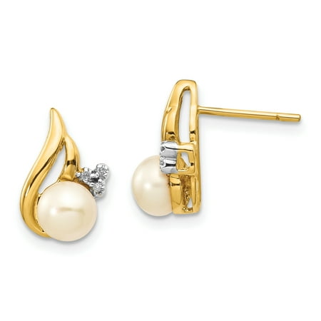 - 14k Yellow Gold 6mm Button Freshwater Cultured Pearl .02ct Diamond Post Stud Ball Earrings Fine Jewelry For Women Gift Set