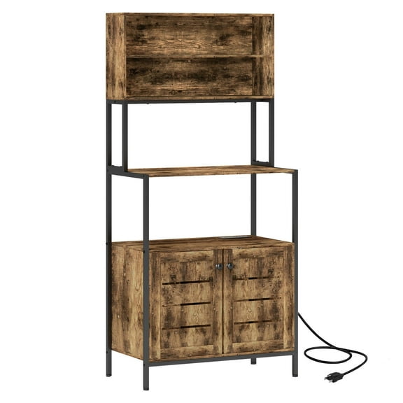 SAZYY Baker's Rack with Power Outlet & Storage Shelves, Microwave Stand with Louvered Door Cabinets, Rustic Brown Kitchen