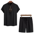 thumbnail image 2 of Lovskoo Men's 2 Piece Summer Outfits Stand Collar Trendy Shirt Casual Short Sleeve and Drawstring Shorts Set Black M, 2 of 4