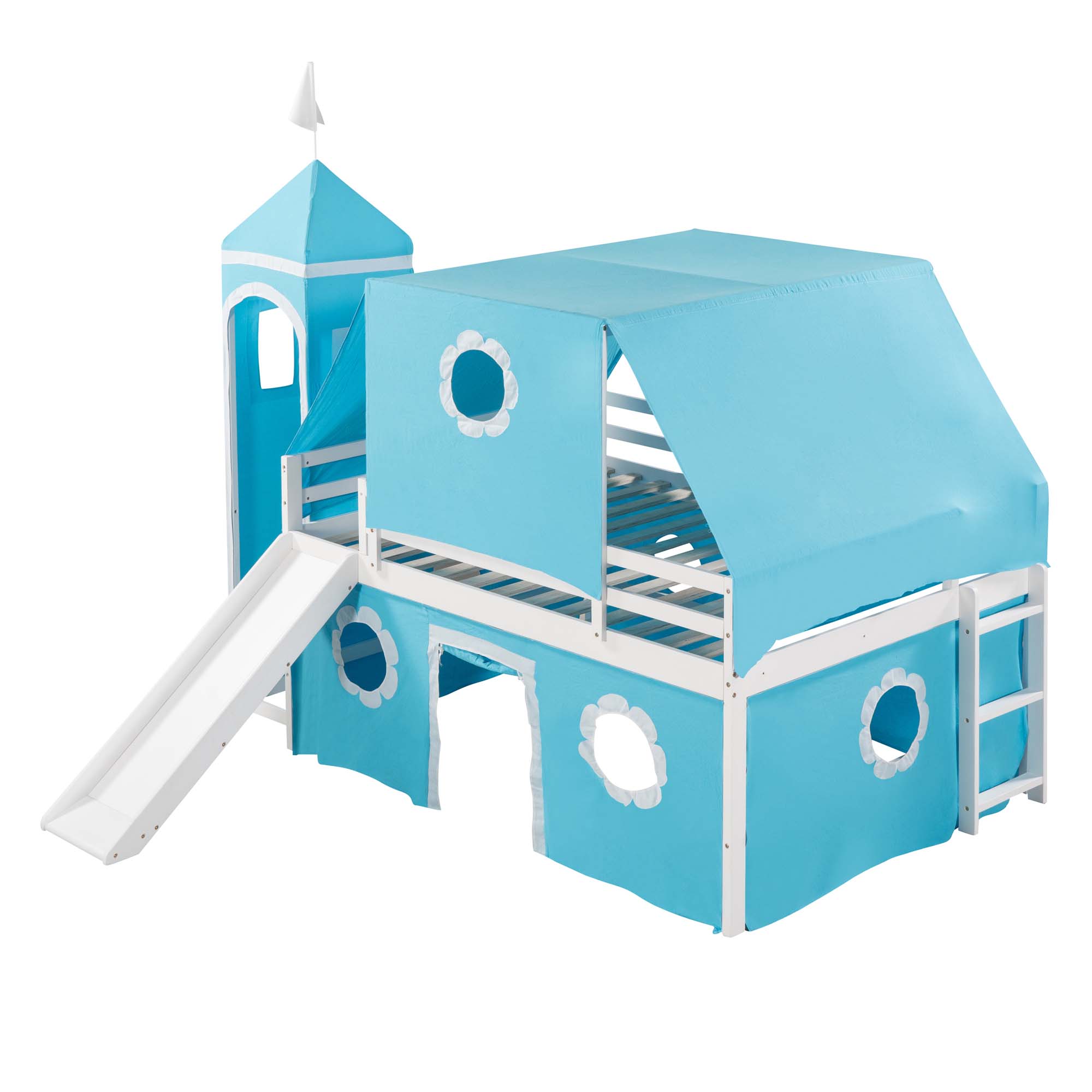 Aukfa Loft Bed with Slide - Full Size Low Castle Bed with Tent and Tower for Kids,Wood - Blue