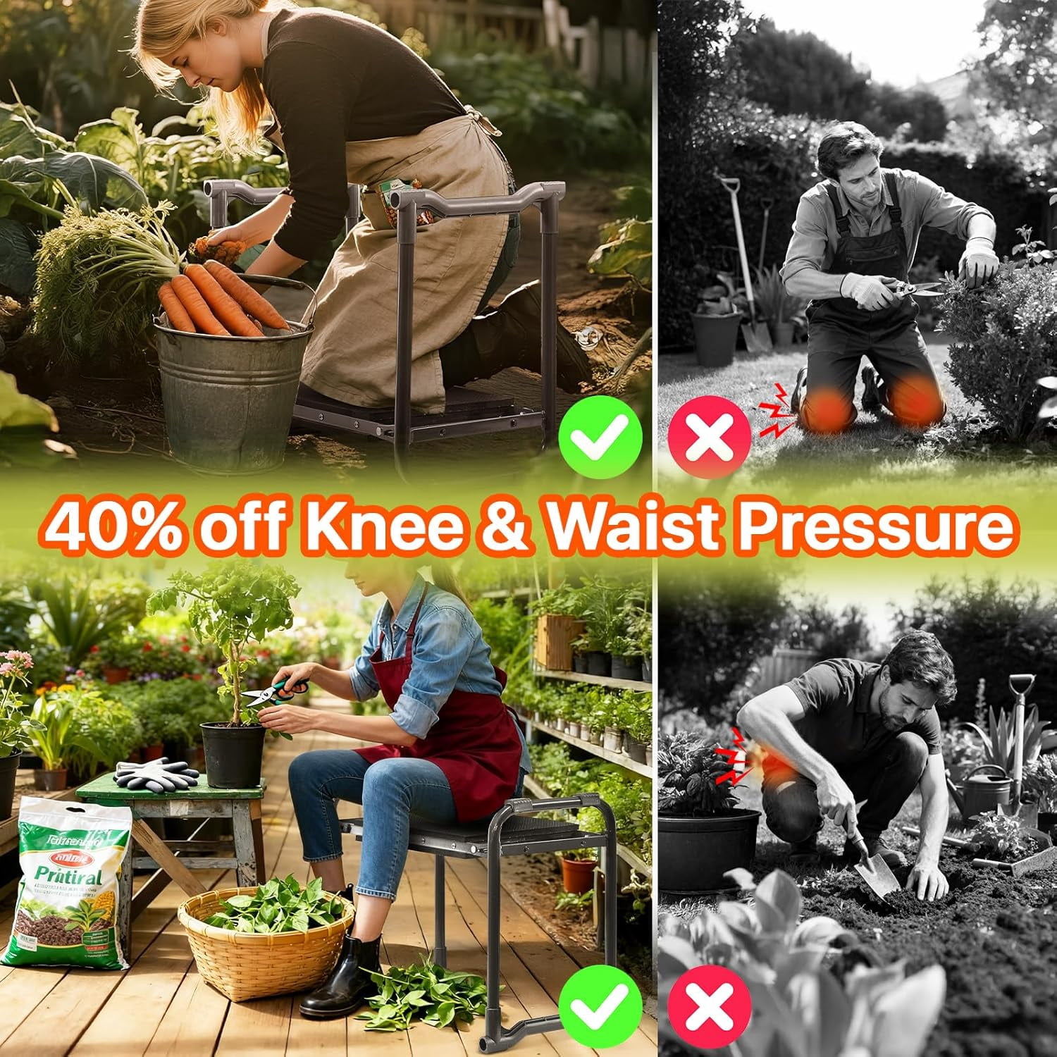 Garden Kneeler and Seat Heavy Duty, Wider and Thicker Kneeling Pad for Foldable Gardening Stool with 2 Tool Pouches, Gardening Gifts Tools for Women Mom Men Seniors