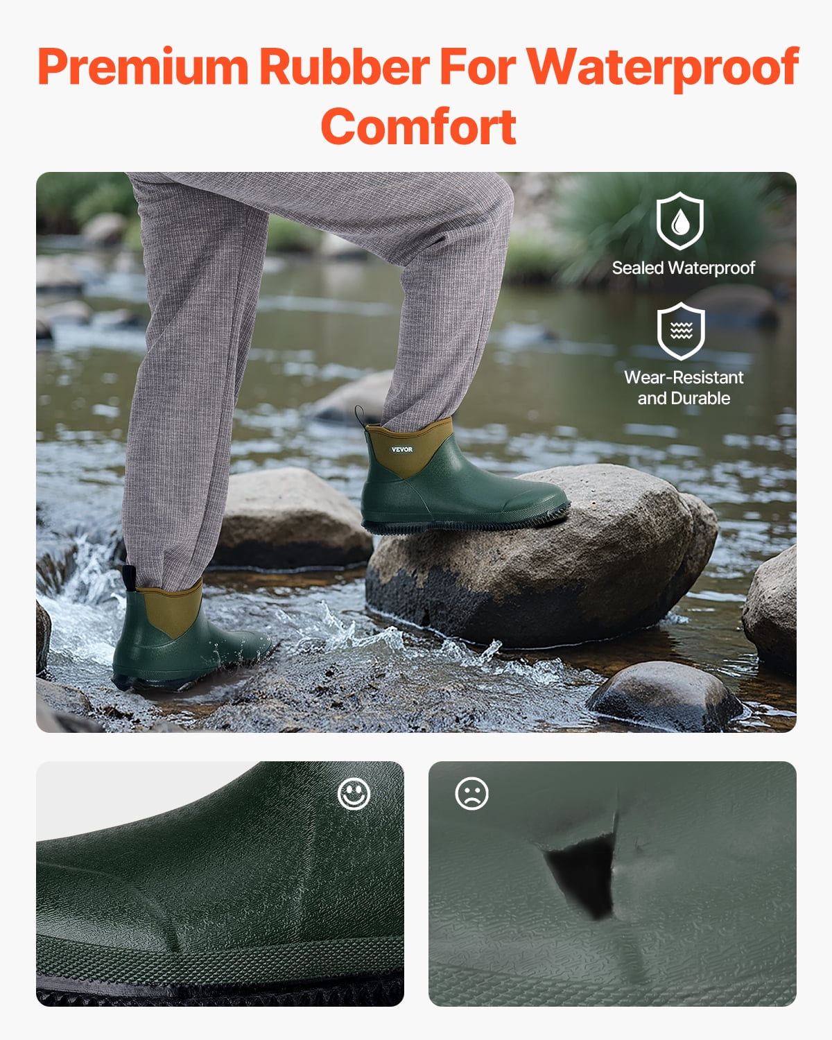 VEVOR Women's Deck Boots, Waterproof Fishing Rain Boots, Anti-Slip Ankle Rubber Boots, Gardening Insulated Mud Boots, Neoprene Rubber, Lightweight & Durable, for Manufacturing, Farming, Size 10 US