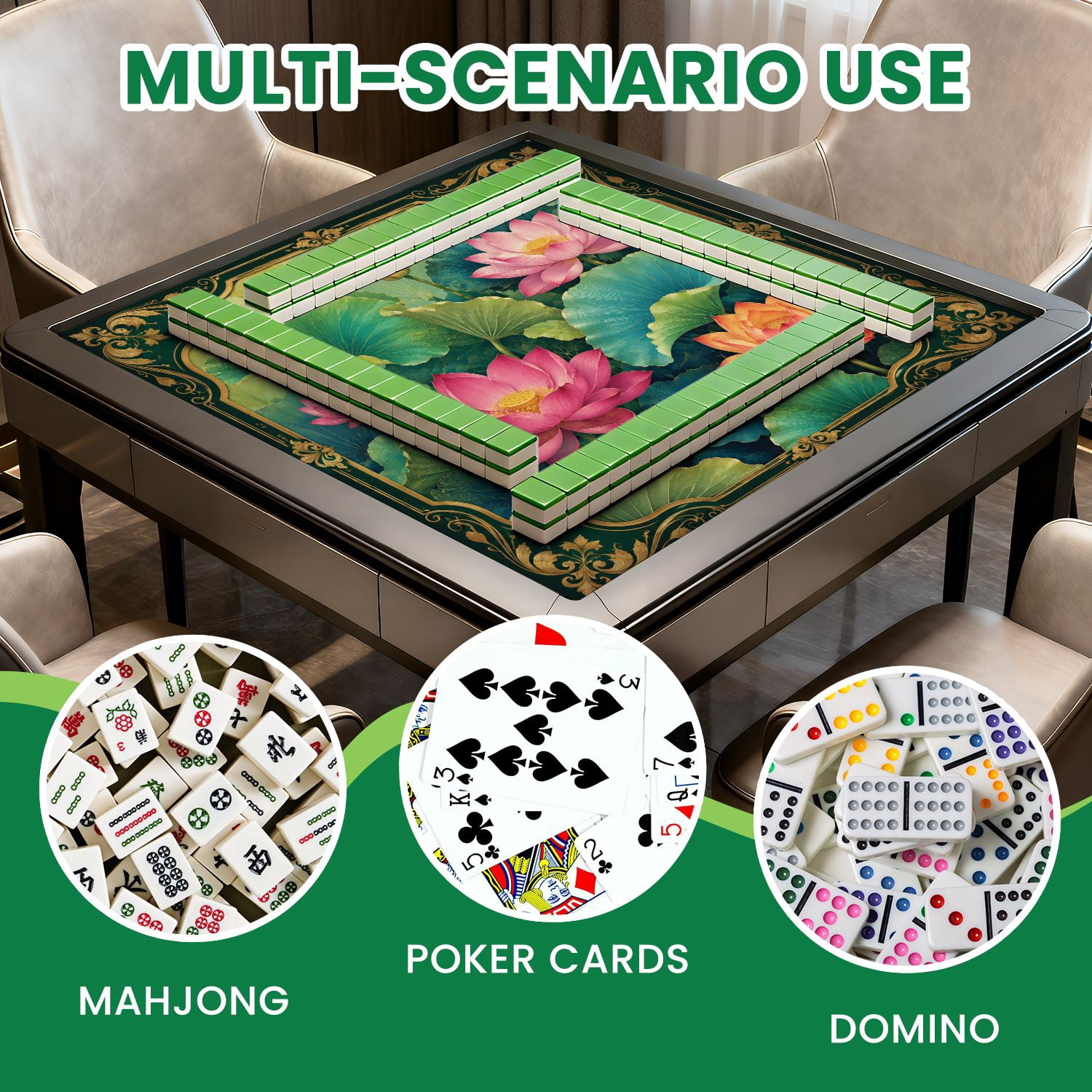 Mahjong Mat 31.5" x 31.5" Greenery Vibrant Blossoms Intricate Ginkgo Lotus Flowers Non-Slip Noise Reduction Chic Portable Gaming Table Cover for Family Game Night & Gift
