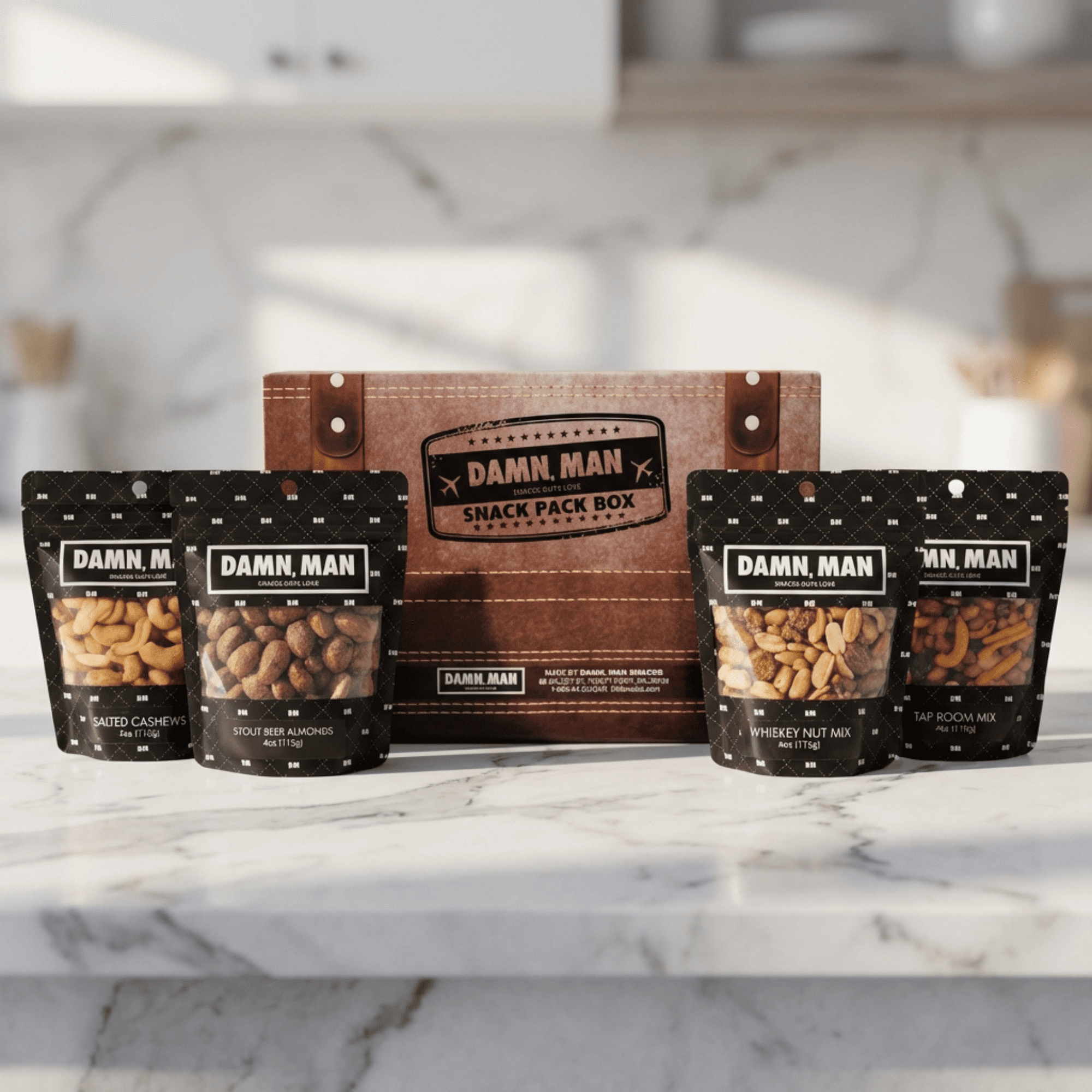 Damn, Man Roasted Bar Snack Pack, Gourmet Mixed Nuts for Beer and Cocktails, 4 Resealable Bags, Savory Party Snack Mix