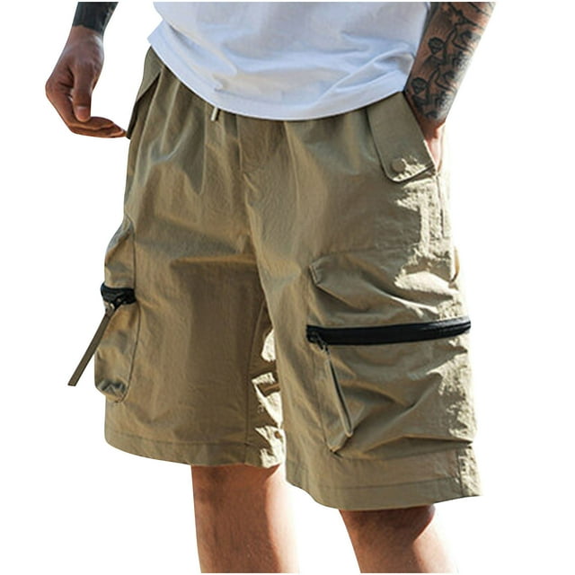 Work Out Shorts for Men Cargo Short for Men, Men's Summer Casual Solid Color Portable Fashion Pockets Drawstring Elastic Waist Zipper Comfortable Shorts Cargo Pant