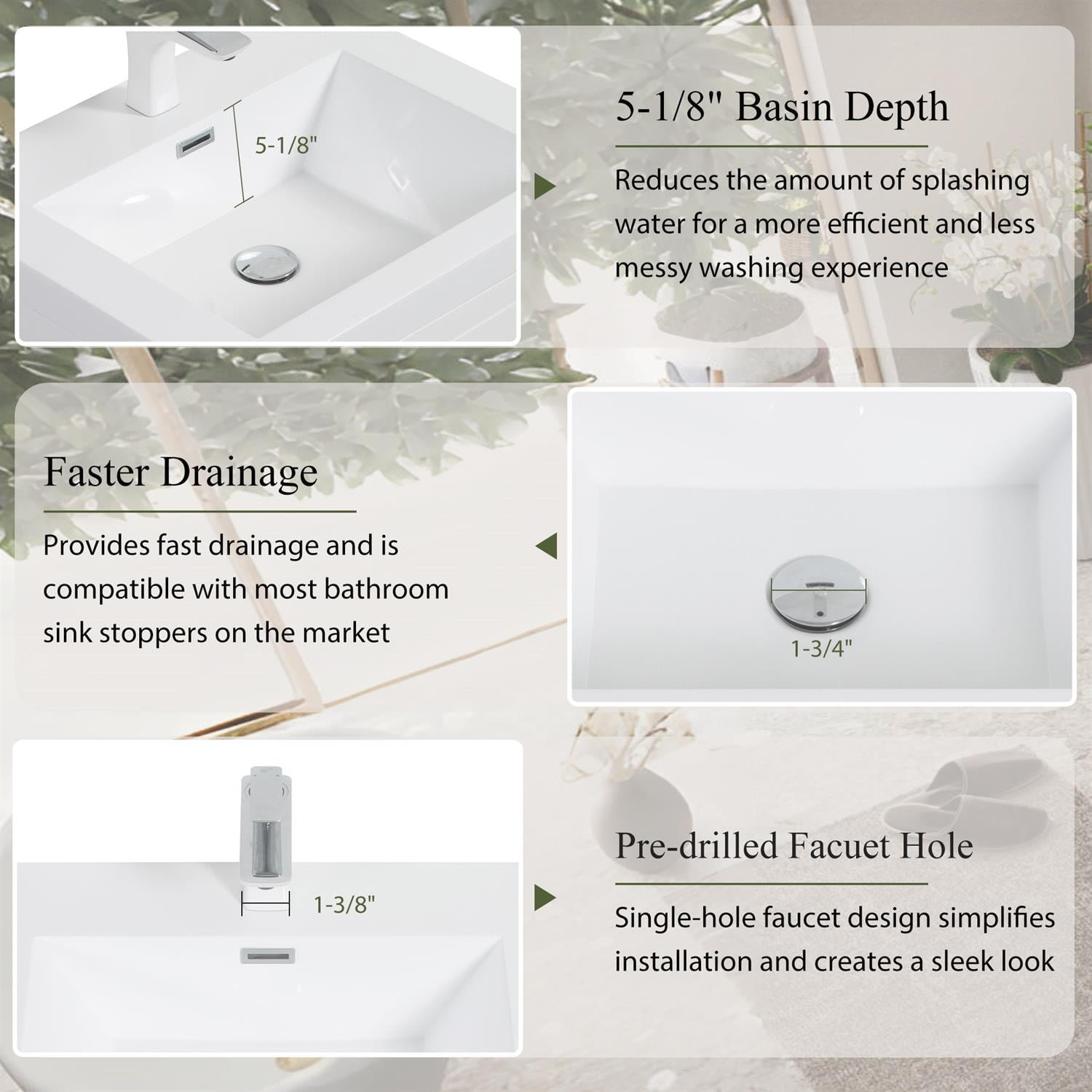 Demi Bonn 23" Wall-Mounted Bathroom Vanity with Sink, Stone Resin Countertop and 2 Soft Close Drawers, Faucets and Drains Not Included, White