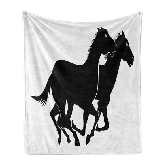 Western Horse Soft Flannel Fleece Blanket, Racing and Galloping Wild Stallions on Plain Backdrop Simple Art, Cozy Plush for Indoor and Outdoor Use, 60" x 80", Charcoal Grey and White, by Ambesonne