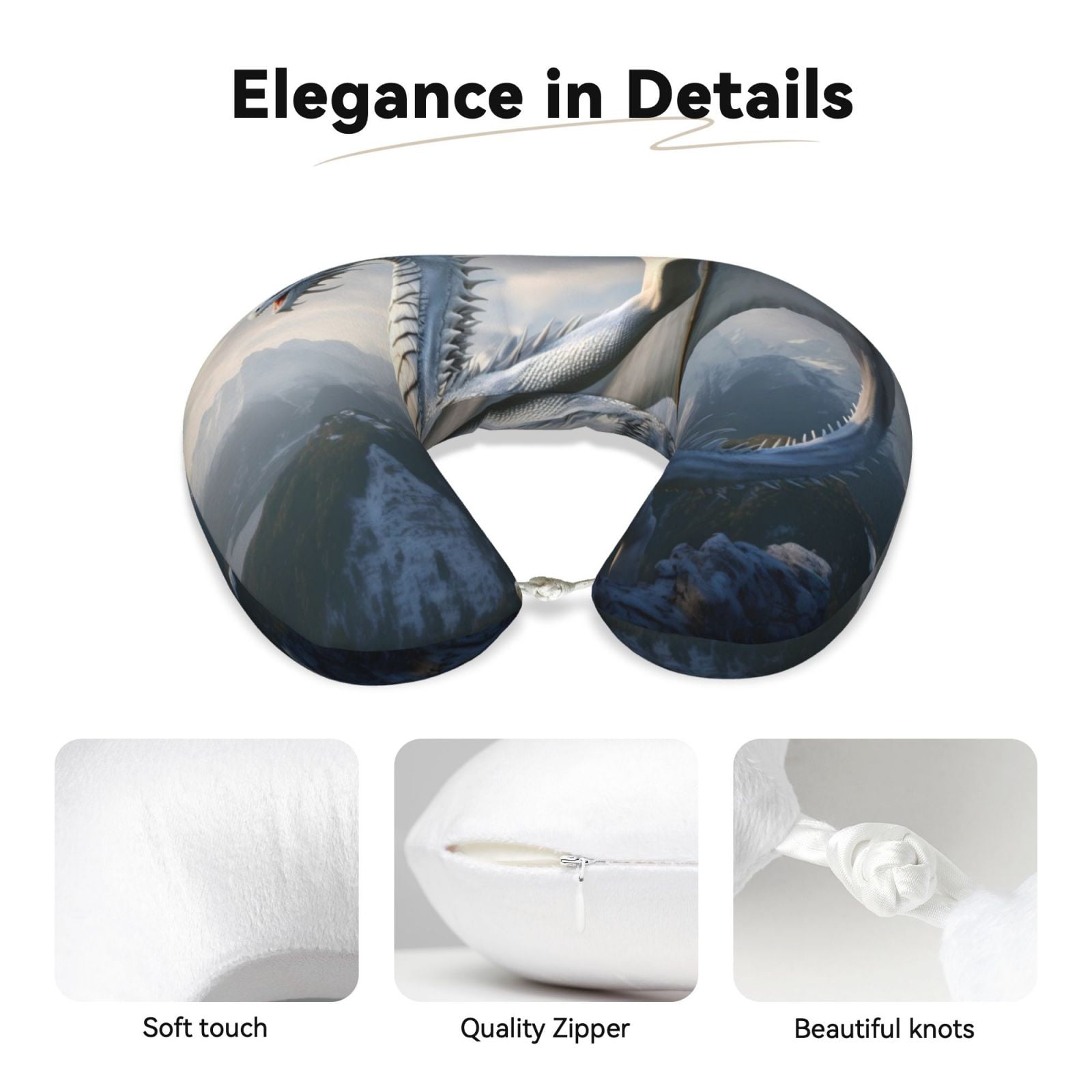 Xecao Mountain White Dragon Print Memory Foam Cervical Neck Pillow Versatile U-Shaped Pillows for Home,Office,Camping,Travelling,Soft Washable Cover