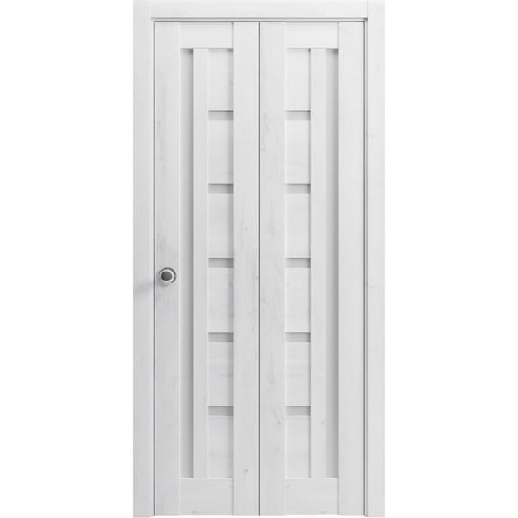 Sliding Closet Bi-fold Doors 56 x 84 inches | Quadro 4088 Nordic White with Frosted Glass | Sturdy Tracks Moldings Trims Hardware Set | Wood Solid Bedroom Wardrobe Doors