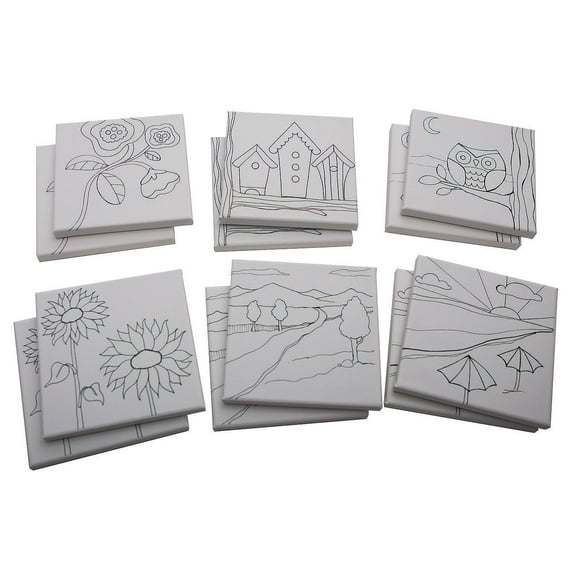 S & S Worldwide Paint-Your-Own Designer Canvas Set II, 2 each of 6 Pre-Printed Designs, Great For Kids & Adults, DIY Ready To Paint, 6-1/2" x 6-1/2" Stretched Canvas. Pack of 12.