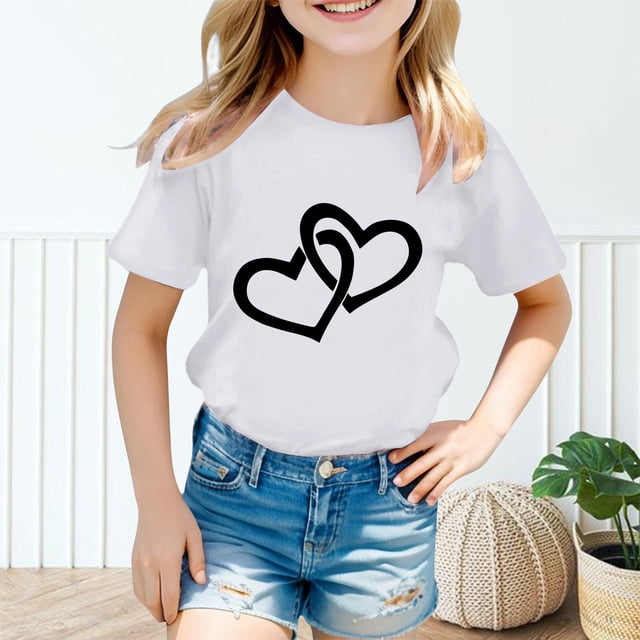 WEAIXIMIUNG T-Shirt Blanc Pack Enfants Filles Mignon Graphique Col Rond Manches Courtes Tee Été Décontracté T-Shirt 160