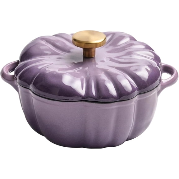 Pumpkin Dutch Oven, 3-Quart Enameled Cast Iron Pot with Lid for Baking and Braising, Purple