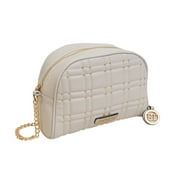 Ellen Tracy Chain Faux Smooth Leather Square Quilted Crescent Crossbody Bag 019-Ivory