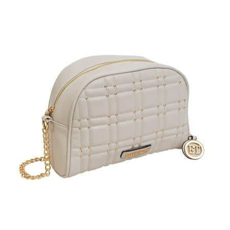 Ellen Tracy Chain Faux Smooth Leather Square Quilted Crescent Crossbody Bag 019-Ivory