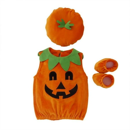 Fysho Baby Girl Boy Pumpkin Print Sleeveless Clothes Sets Halloween Outfits Costumes 0-3Y （Vest Blouse+Shoes+Hat）