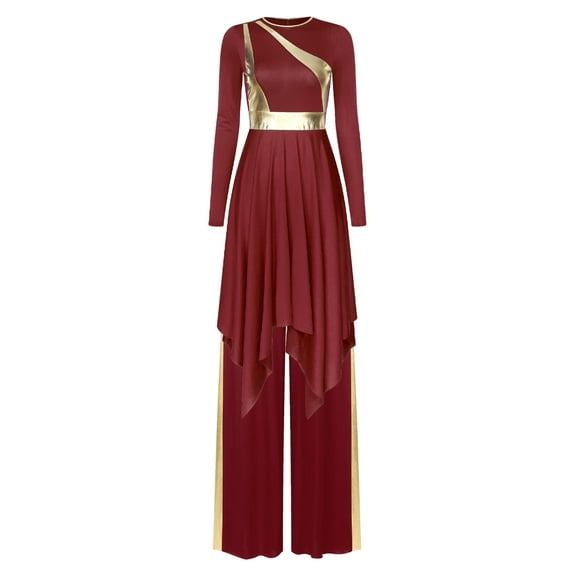 Hansber Women's Praise Dance Outfit Long Sleeve Worship Dance Dress with Celebration of Spirit Palazzo Pants Burgundy XXL