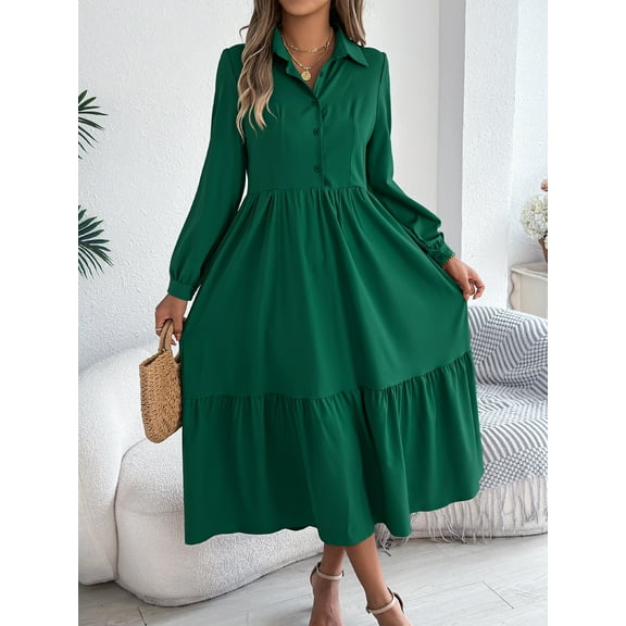 Women's Fall Fashion V Neck Long Sleeve Ruffle Dresses Tiered Swing Flowy Wedding Guest Cocktail Party Dress