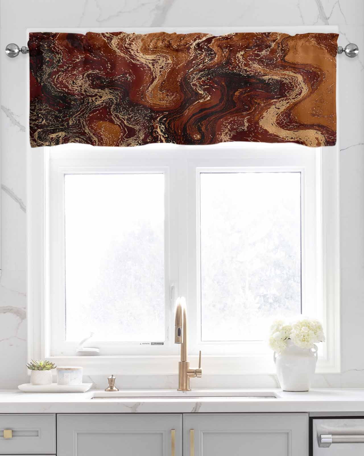 Brown Marble Kitchen Valances for Windows Farmhouse Linen Window Valance Curtain for Living Room Window Treatment Ombre Abstract Striped Mottled Aesthetic Valance Rod Pocket Topper, 42 x 18 Inch