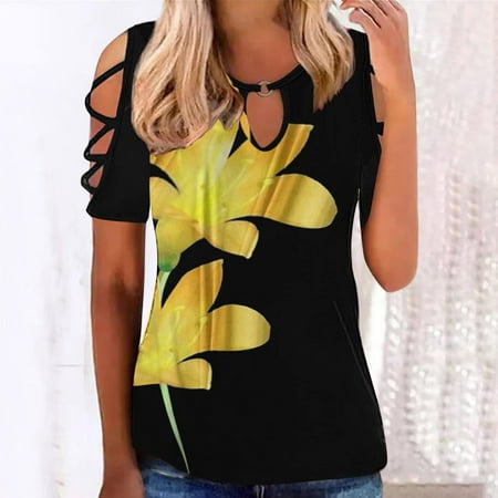 

Womens Summer Strappy Cold Shoulder Tops Casual Criss Cross Short Sleeve Blouse Tie Dye Tunic Shirts