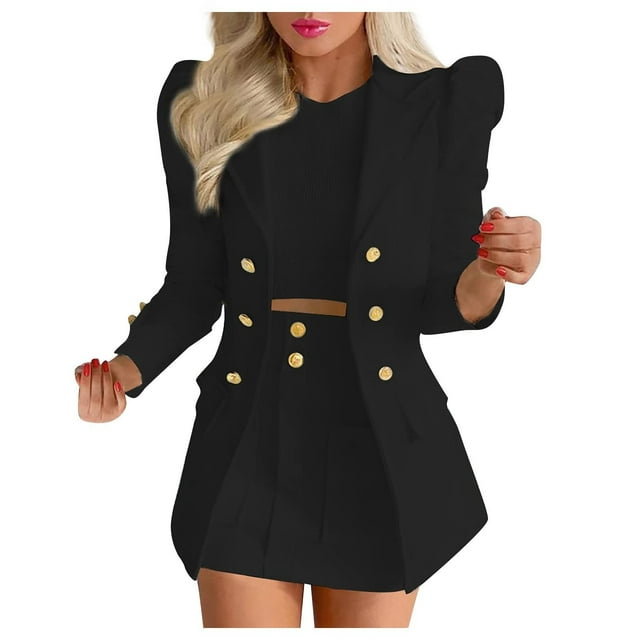 Chaqueta de punto de manga larga con estampado sólido para mujer, traje de falda corta con bolsillo Pompotops qwe22338