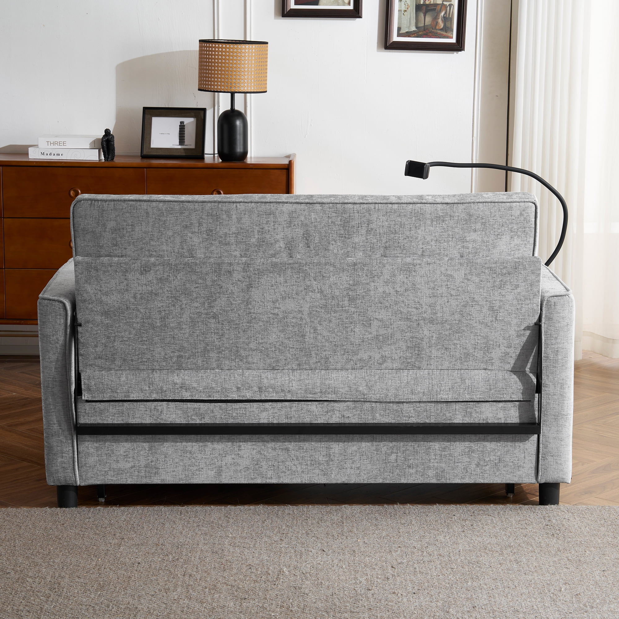 Euroco 56.9" Loveseat Sofa Pull-out Sofa Bed Sleeper Sofa with a Reversible Backrest Cushion, Side Pockets, Two USB Ports and a Phone Holder for Living Room