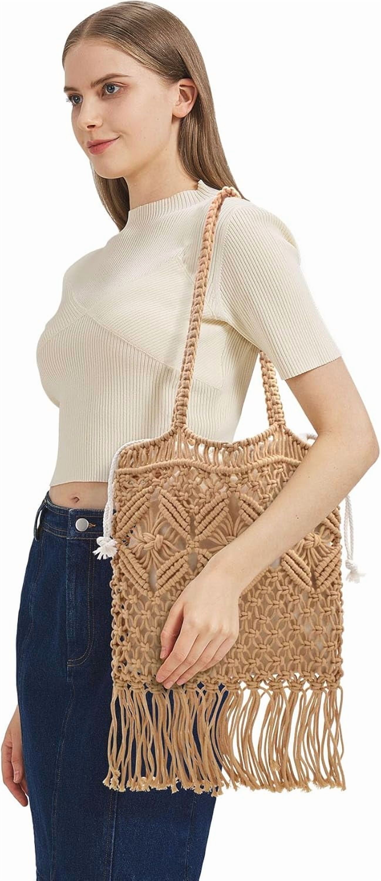 Boho Crochet Summer Handbag Handmade Cotton Rope Knit Shoulder Bags for Women Bohemia Tote for Travel