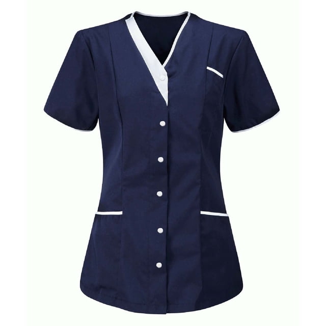 Xdegoge Professional V Neck Scrub Tops for Women Short Sleeve Button Front Nursing Uniform Work Wear Lightweight Functional Medical Apparel with Pockets Healthcare Service Dental Clinic Shirts