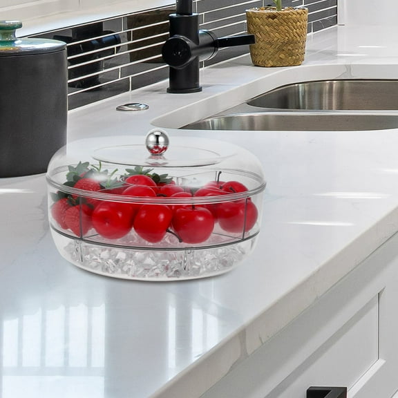 WHAMVOX Round Clear Divided Serving Tray With Lid And Handle Portable Snack Fruit Tray With 5 Compartments Food Storage Box Snack Candy Dried Fruit Nuts Appetizer Tray